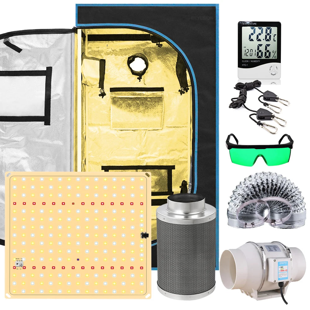 Open grow tent kit with yellow lining, LED panel, duct fans and controller box
