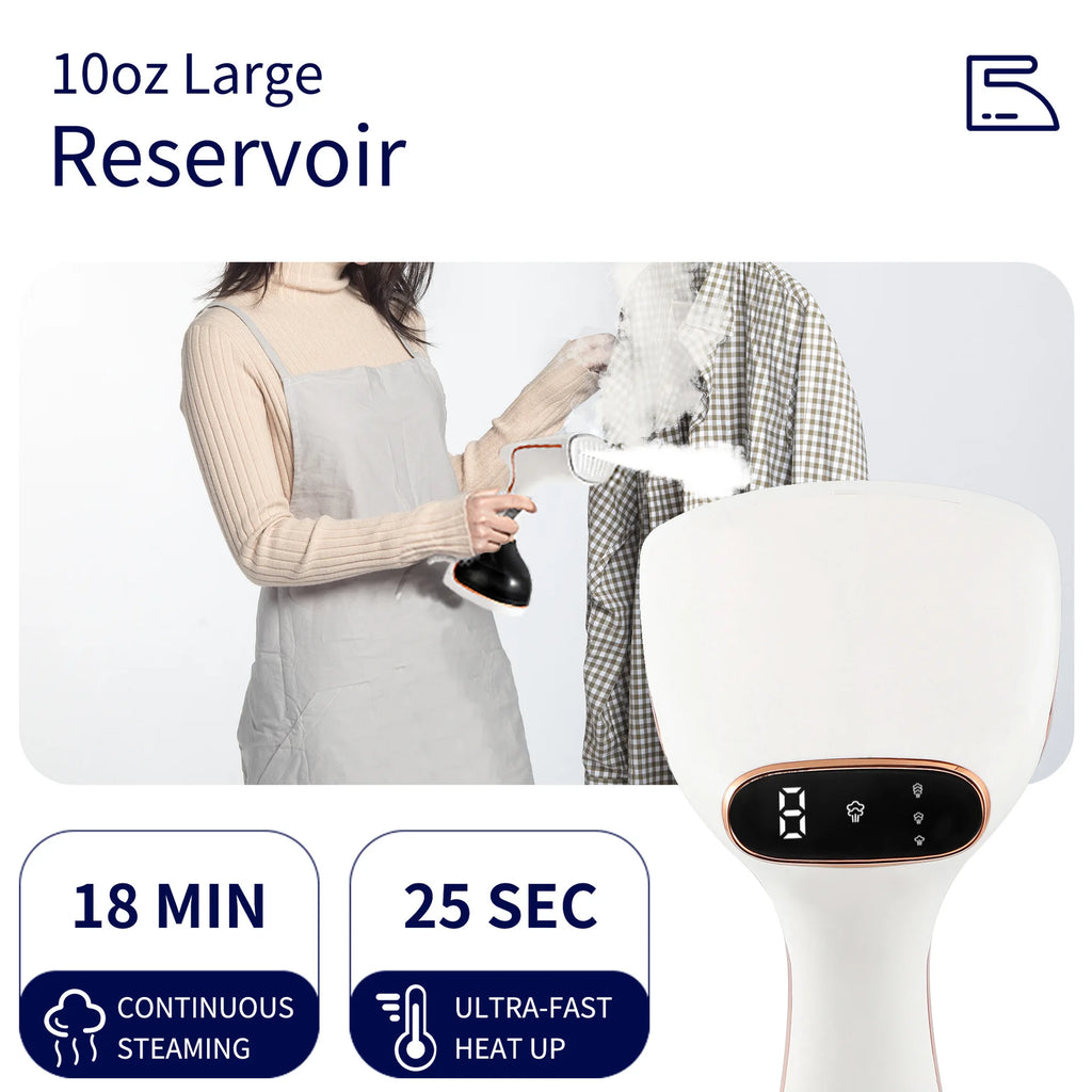 Tidesmit 1800W portable handheld clothes steamer showing digital touch screen control and 320ml water tank feature
