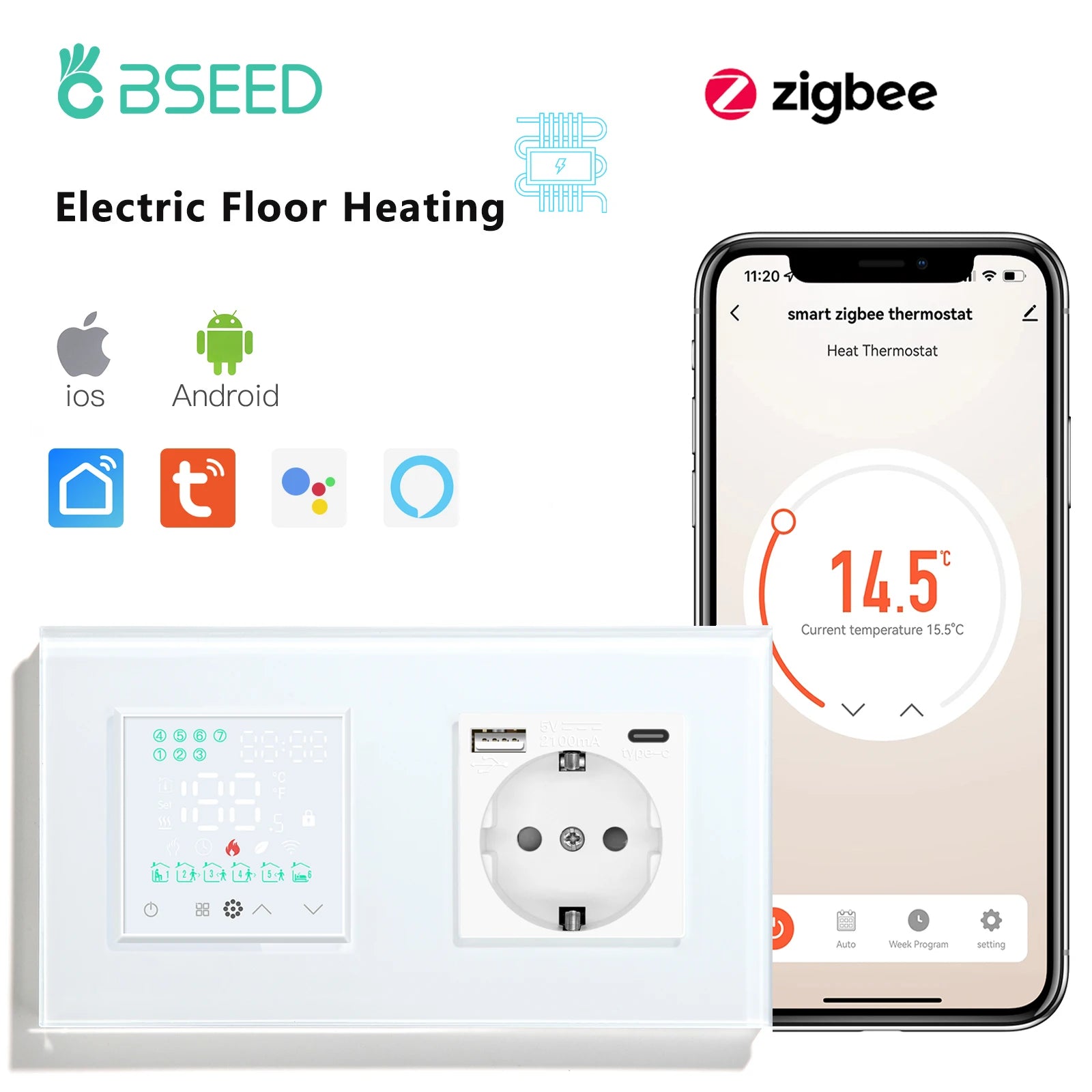 Zigbee electric floor heating thermostat switch with touchscreen and wall socket, white