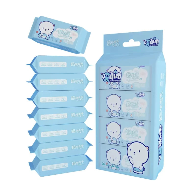 Ai Xiaojin baby care wipes, 8-pack bundle with cute bear design, gentle disposable wet wipes for infants.