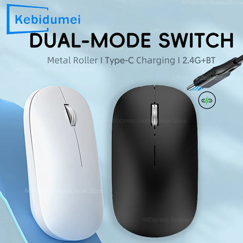 Kebidumei white and black wireless mice with metallic scroll wheels, showing Type-C charging and dual-mode connectivity.