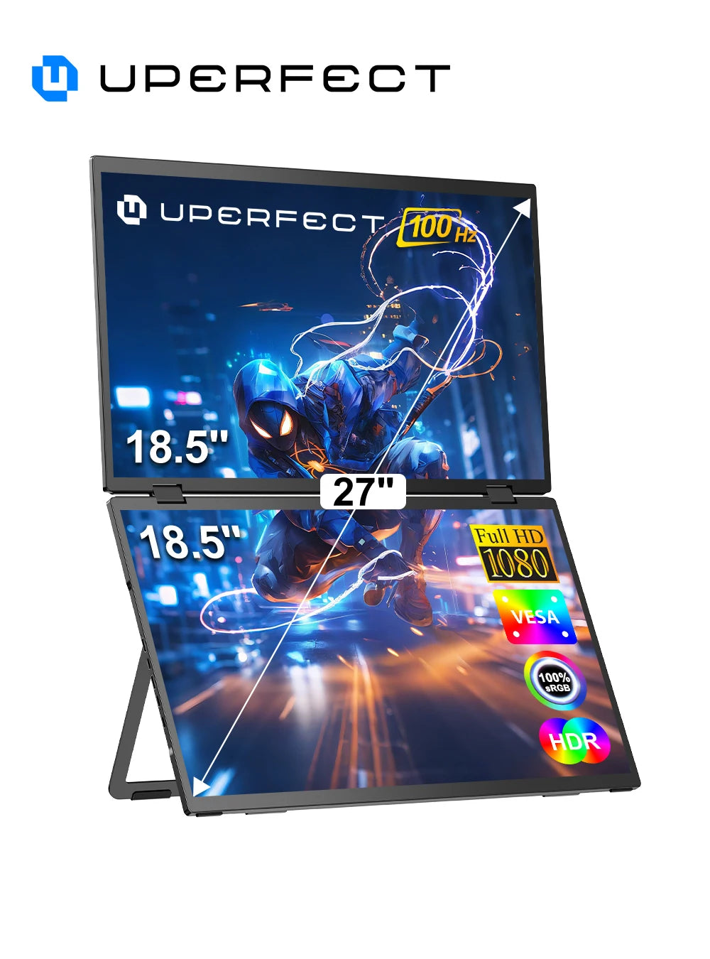 UPERFECT 18.5" Dual Screen Portable Monitor 100Hz 100% sRGB 1080P HDR Folding Versatile Solution For PC Mobile Phone Game Consol