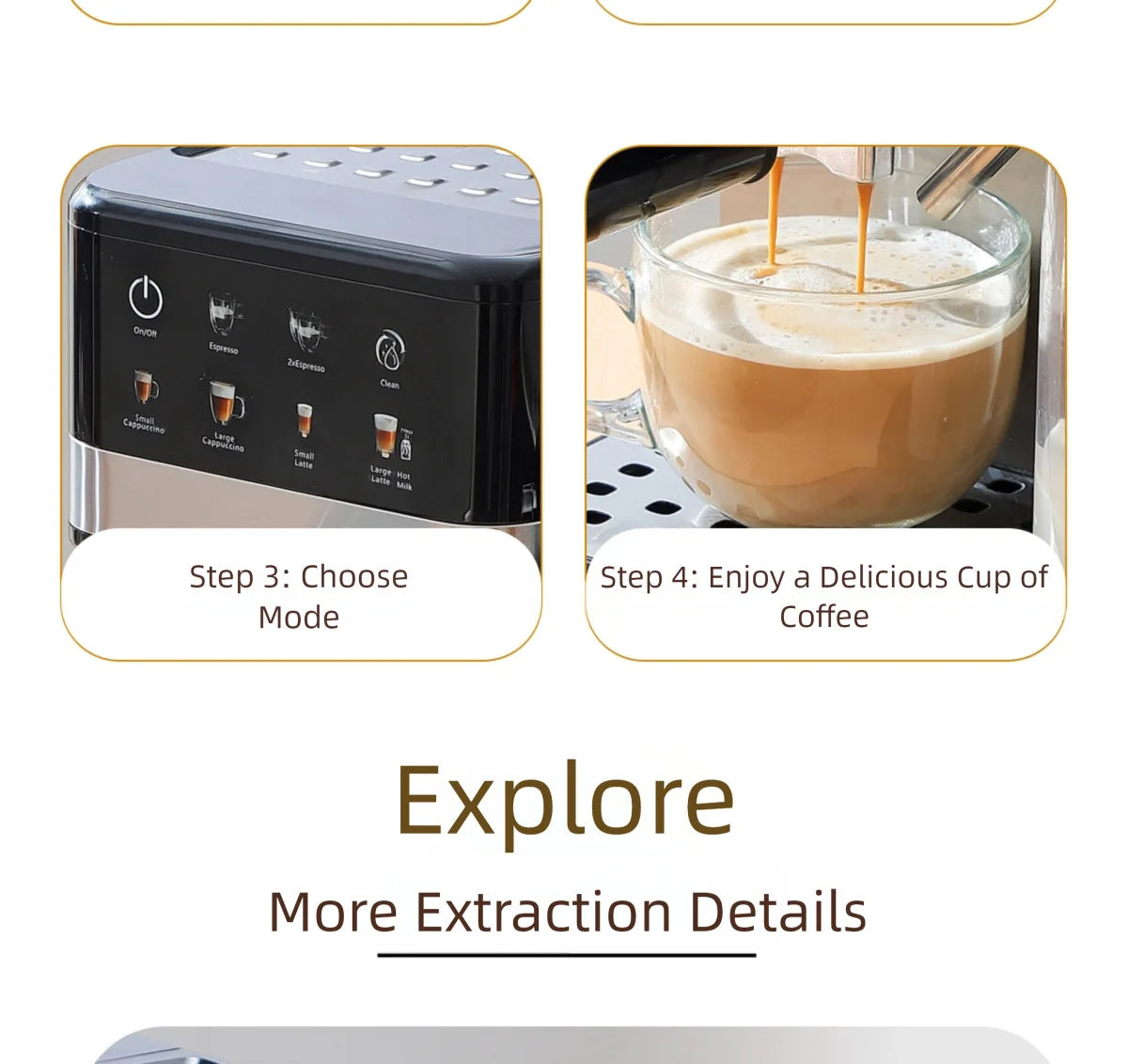 Black automatic espresso machine with touch control panel, brewing a fresh latte into a glass mug.