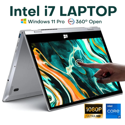 Silver 11.6-inch 2-in-1 touchscreen laptop in tent mode, showing side ports and colorful abstract display.