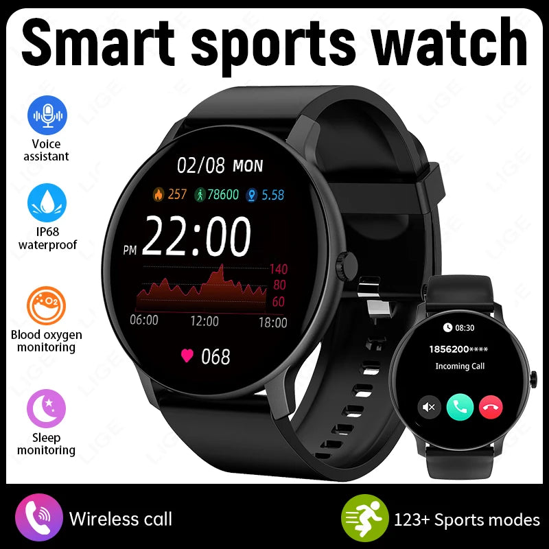 Black smart sports watch with circular screen and black silicone strap