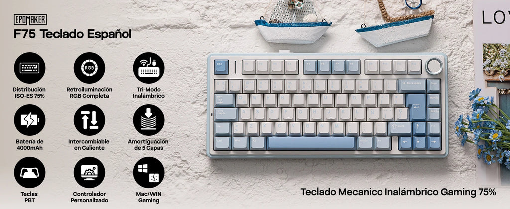 EPOMAKER AULA F75 ISO-ES 75% Spanish QWERTY Hot-Swap Gasket-Mounted Wired/Bluetooth/2.4GHz Wireless Mechanical Gaming Keyboard RGB Backlight
