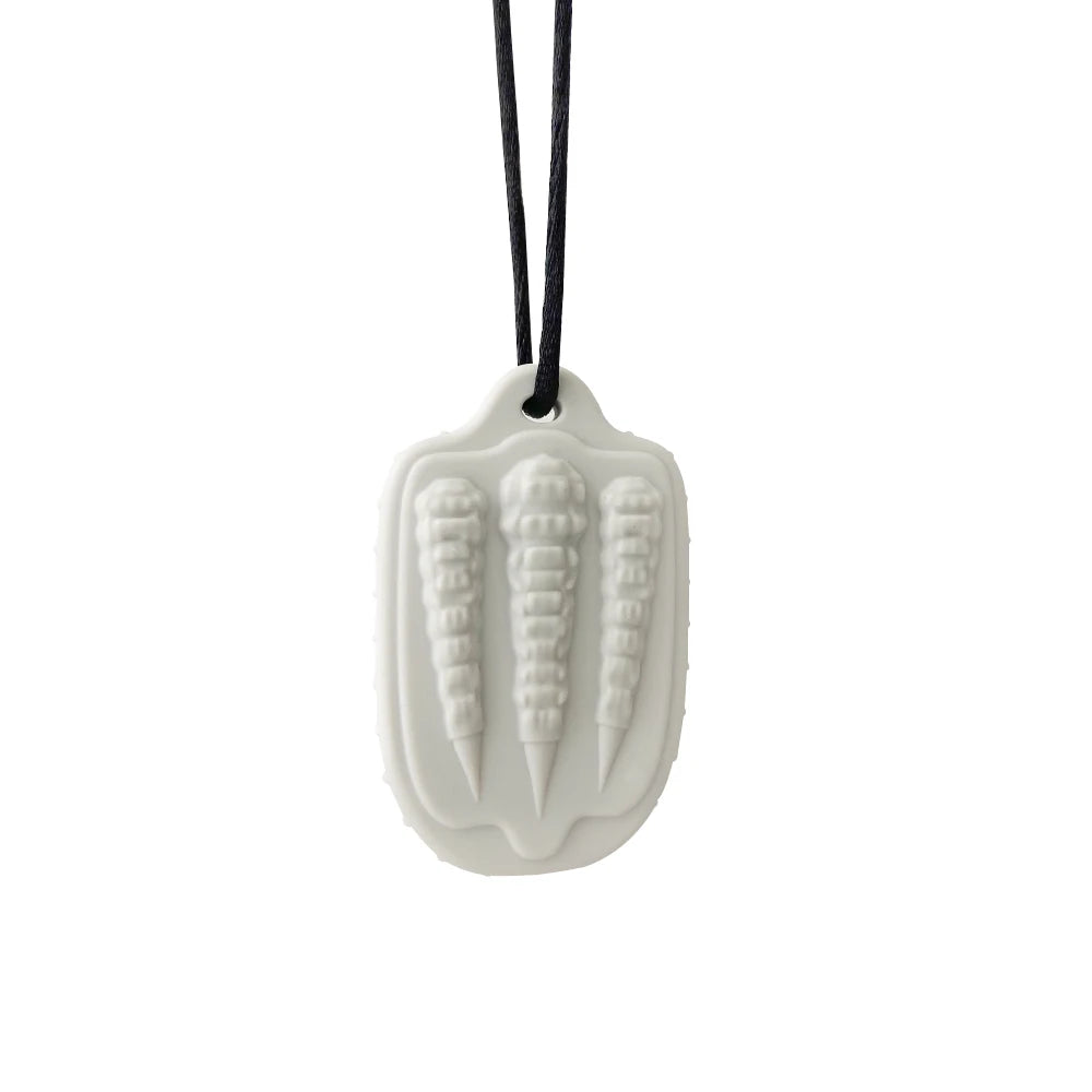 White silicone baby teething toy necklace for soothing sore gums.