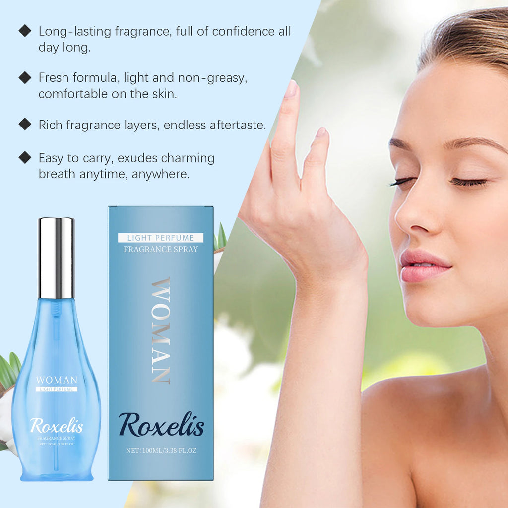 Roxelis Oriental Charm EDT: Women’s fresh coconut perfume in a sleek blue glass spray bottle. Elegant fragrance spray.