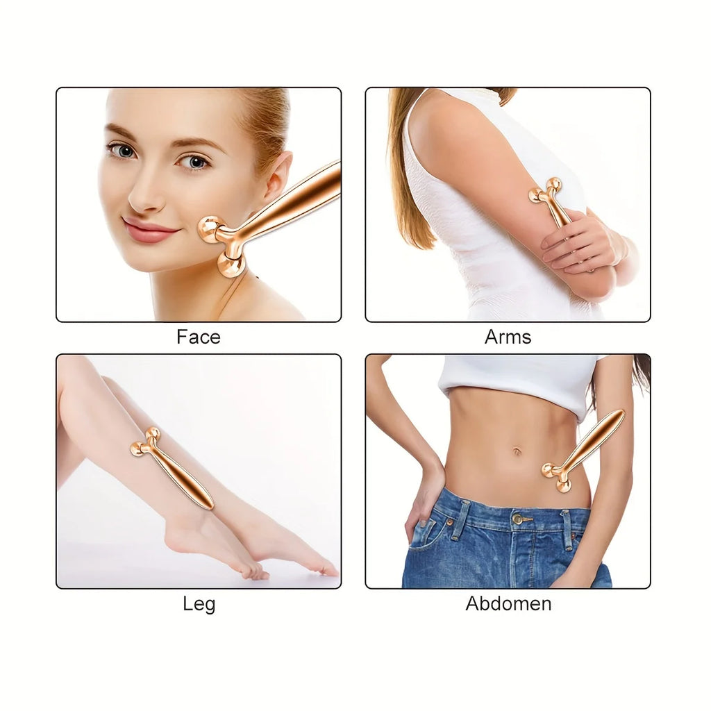 Rose gold Y-shaped metal roller tool for massaging the face, arms, legs, and abdomen.