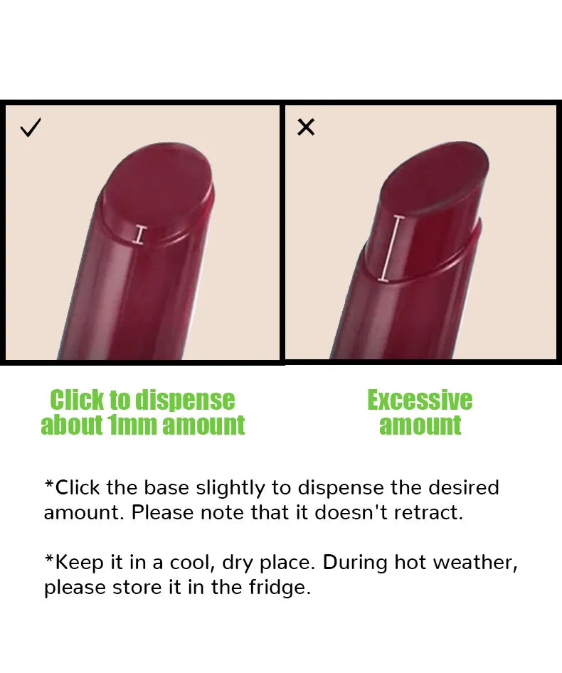 Deep red moisturizing click-press lipstick with glossy finish, showing correct dispensing amount for non-retractable tube.
