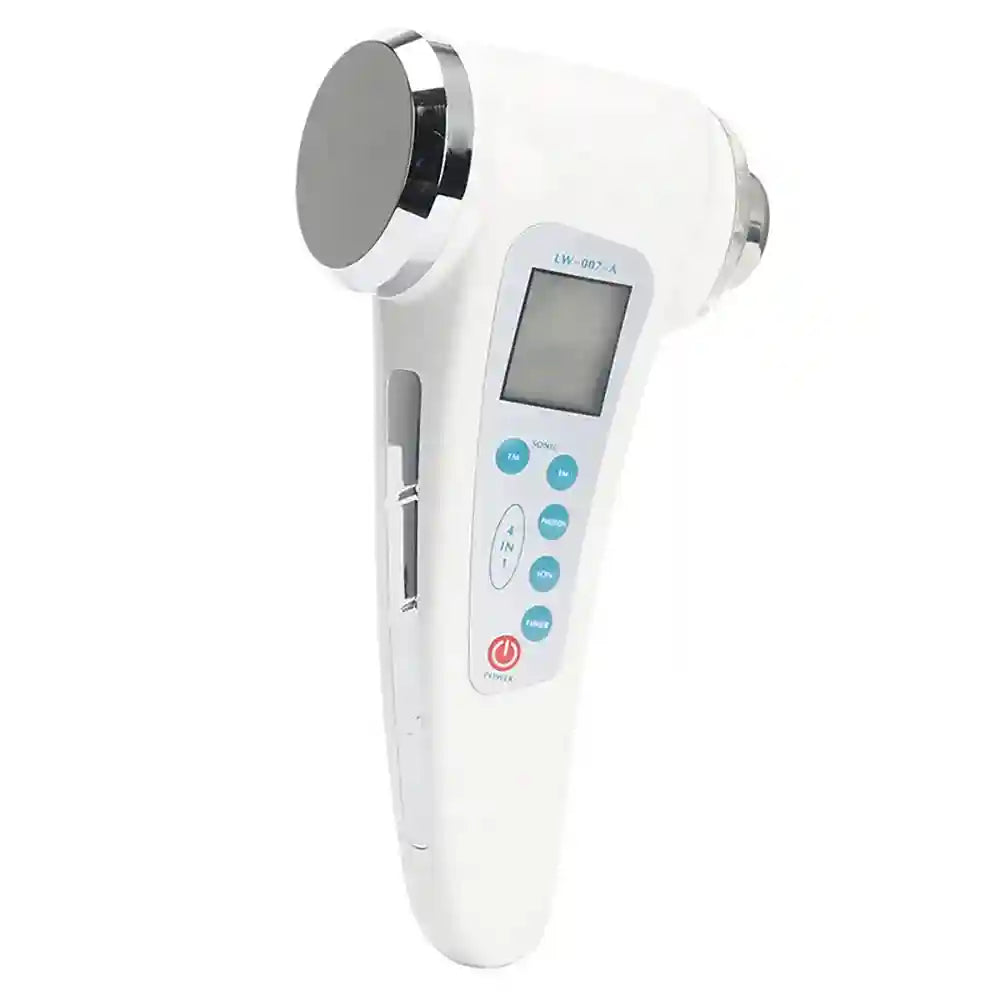 White, dual-headed handheld ultrasonic facial and body massager with a digital screen and circular control buttons.