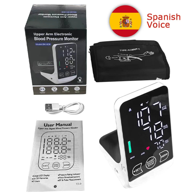 English/Spanish Voice Large Display Screen Rechargeable Automatic Tonometer Arm Blood Pressure Monitor Digital Tensiometer