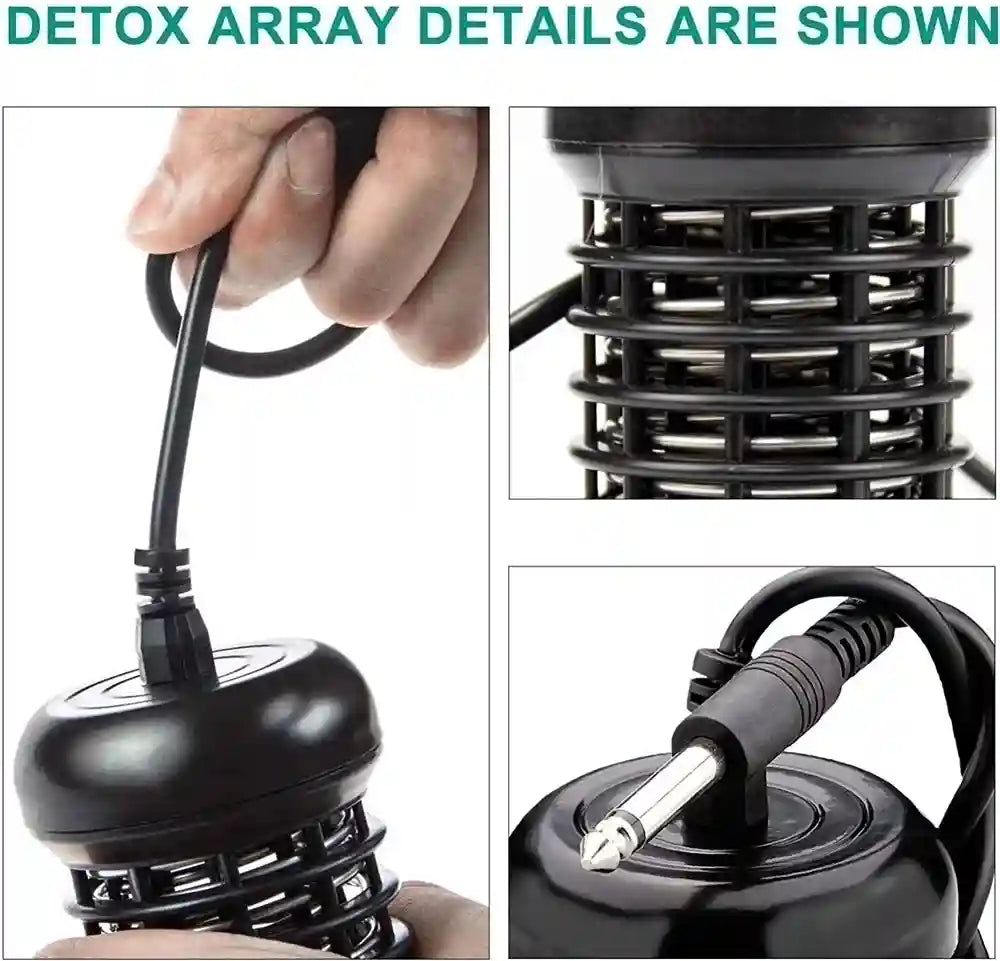 Stainless steel ion detox foot bath array with black cage and connector cable for hydrotherapy machines.
