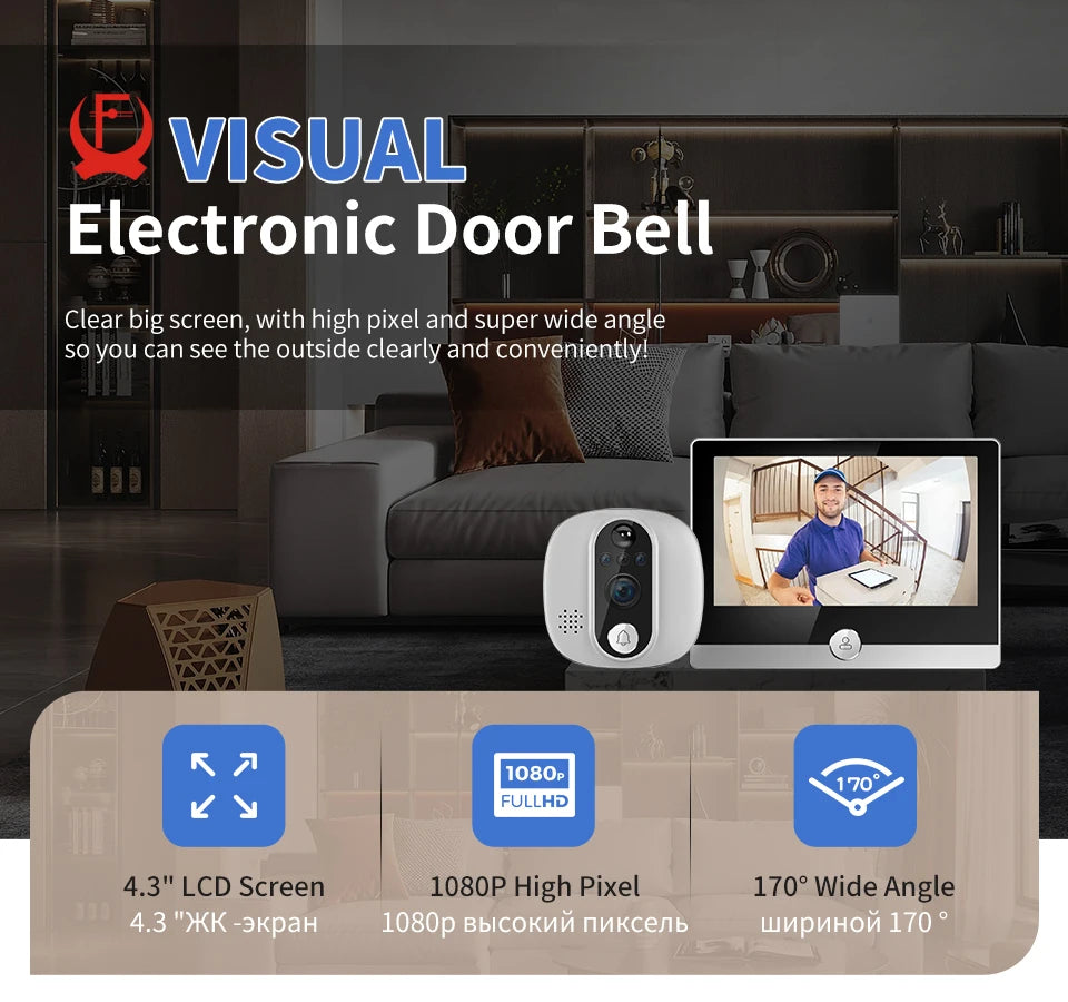 KAK Wifi Smart Door Bell Camera 4.3" Video Door Peephole Door Viewer 170 Degree Motion Detection Tuya APP Alexa Google Assistant