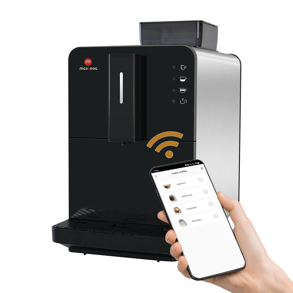 Mcilpoog smart black and silver automatic espresso machine with app control via smartphone on a white background.