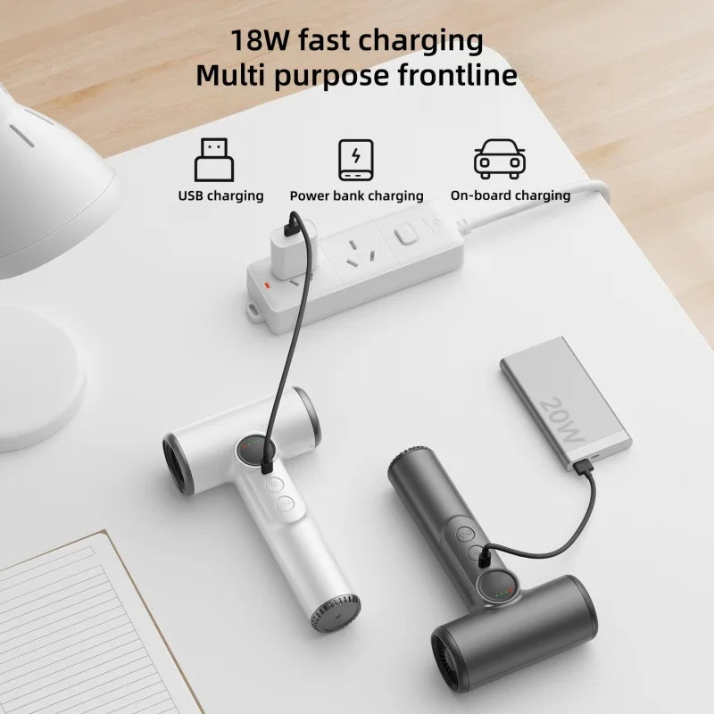 White and grey wireless high-speed hair dryers with 18W fast USB charging, perfect for travel, dorms, and cordless use.