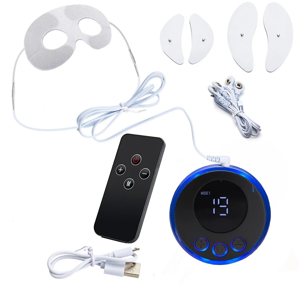 Electric EMS eye massager with digital controller, facial lifting pads, and anti-wrinkle skin care attachments.
