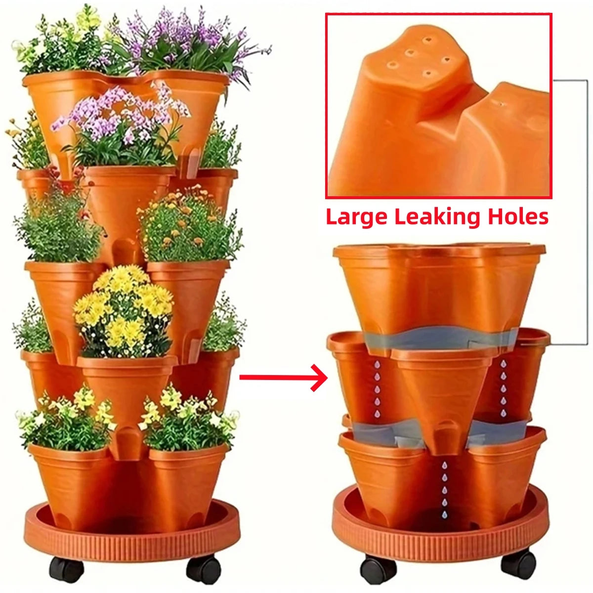 Stackable orange vertical planter with large drainage holes and base tray