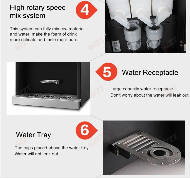 GZZT coffee machine features: high-speed mixing system, large water reservoir, and stainless steel drip tray.