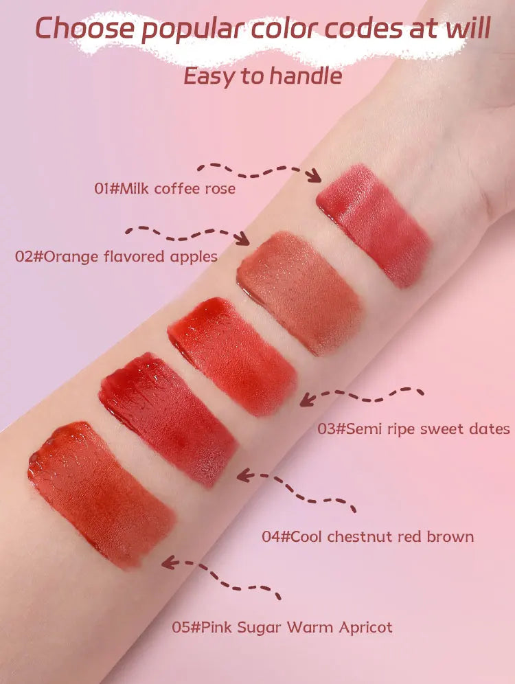 Swatches of 5 long-wearing, moisturizing liquid lip glazes on skin, showing highly pigmented rose, red, and nude tones.