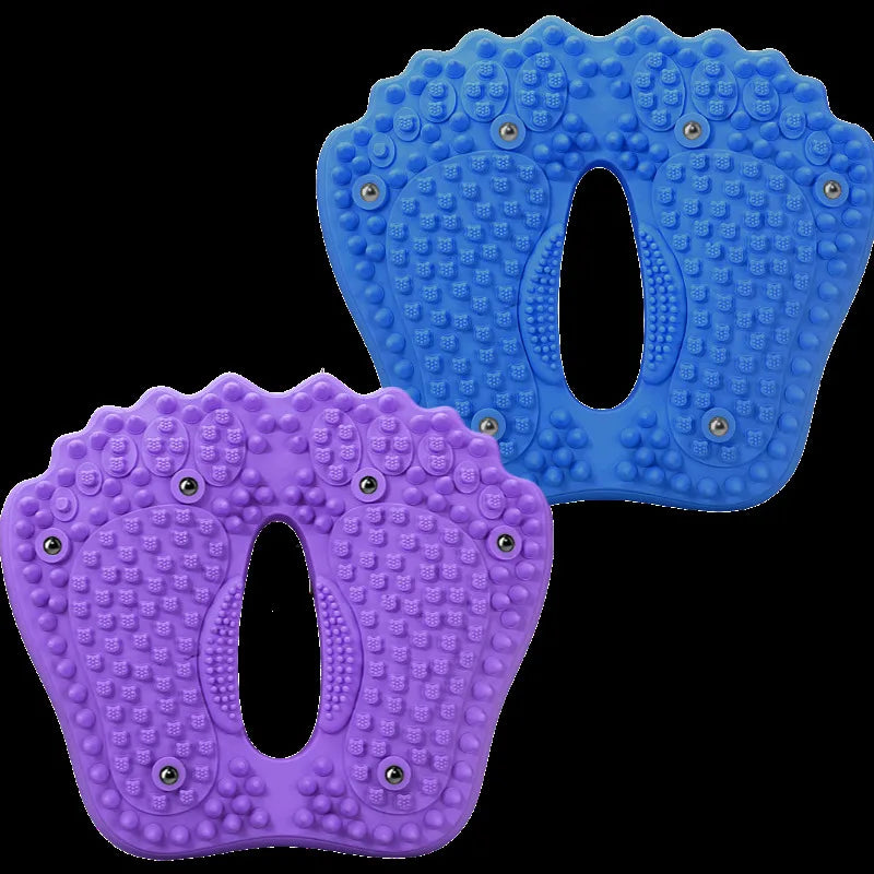 Two foot-shaped massage mats in blue and purple, featuring acupoint nubs and embedded magnetic stones.