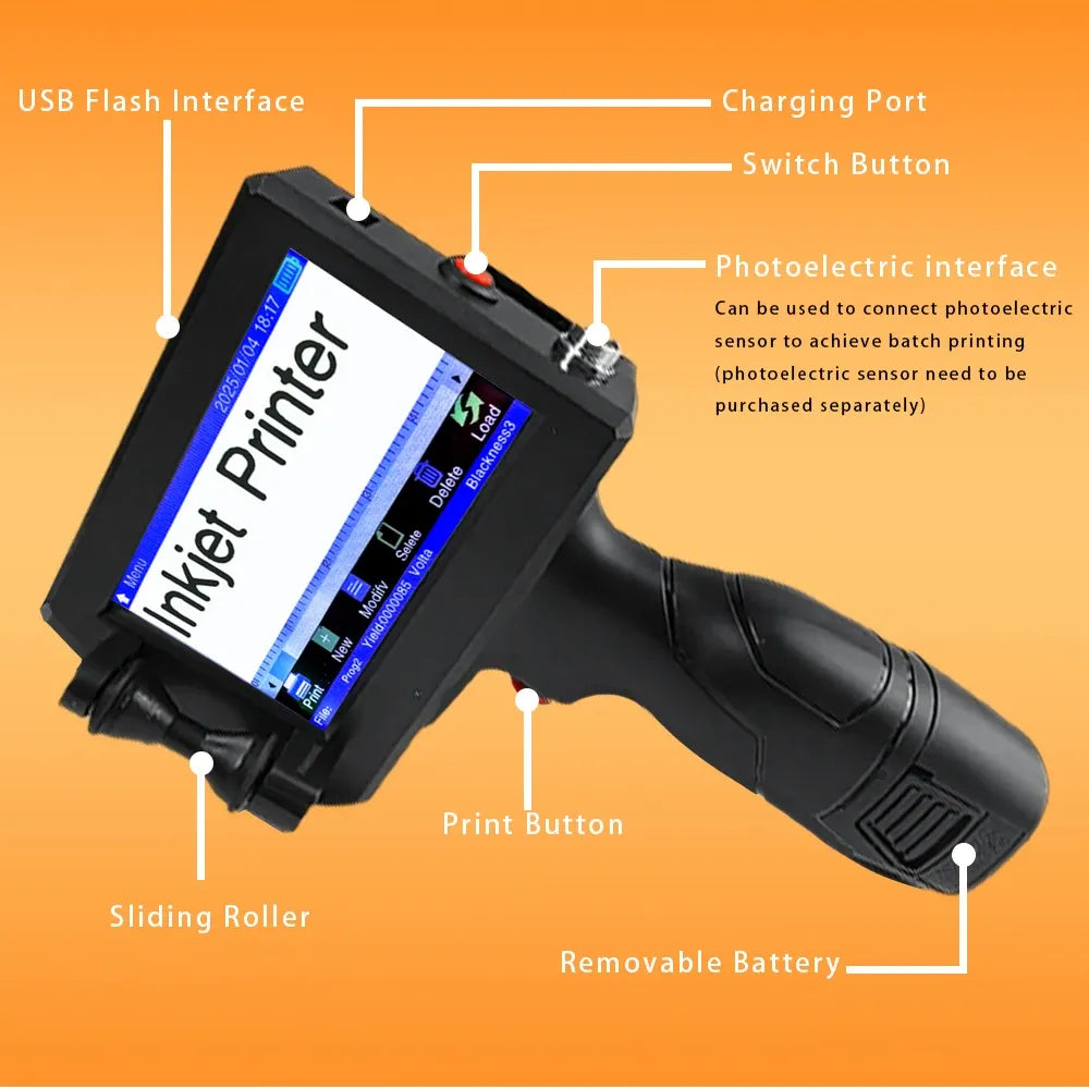 Portable inkjet printer with print button, charging port, switch button, and removable battery