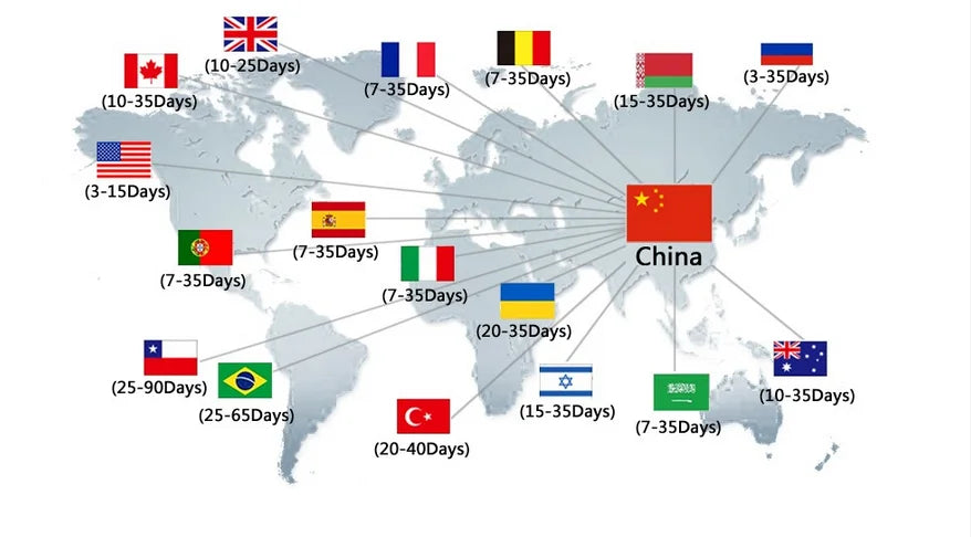 World map graphic illustrating global shipping delivery times from China to various international destinations.