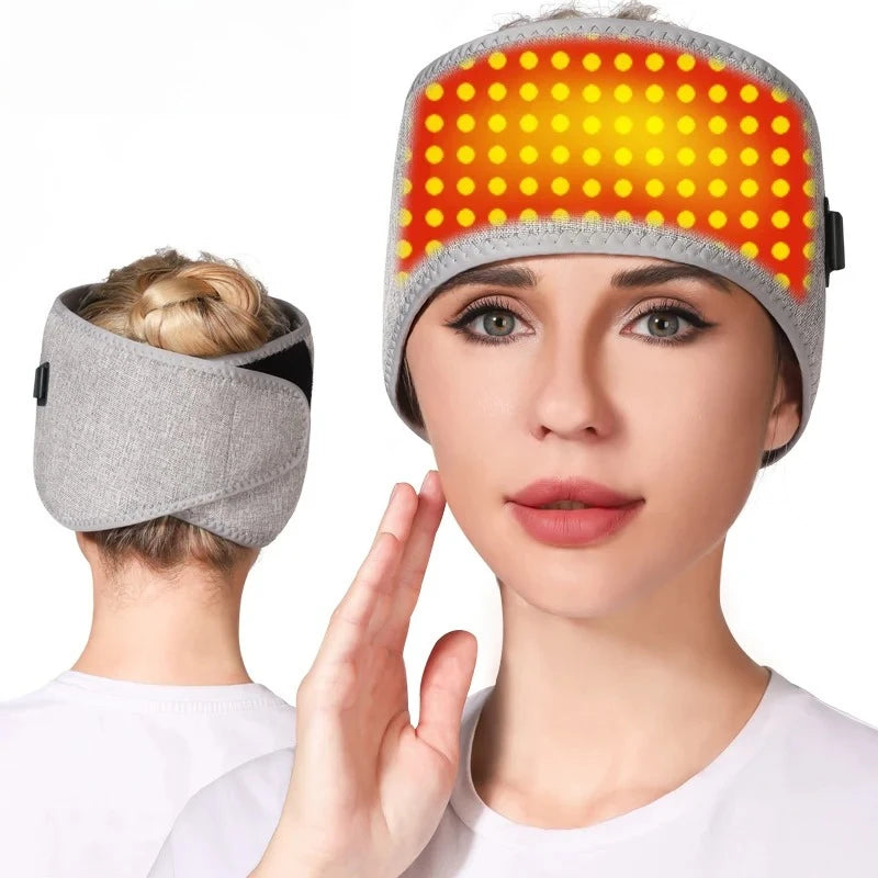 Gray red light heating headband for migraine and stress relief, showing front and back views of the wearable device.