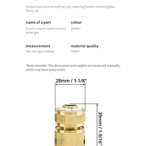 Gold quick water connector adapter with 28 mm width and 39 mm height