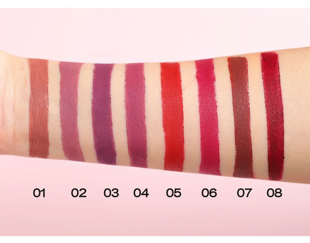 8pcs velvet matte lipstick swatches on arm, showing long-lasting, highly pigmented Korean lip color shades.