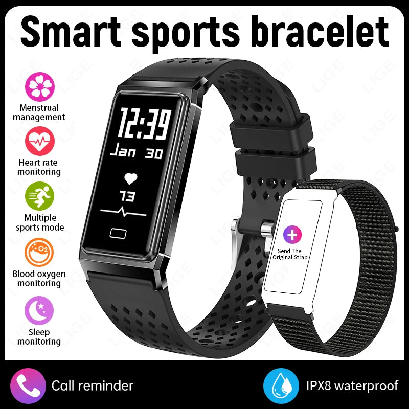 Black smart sports fitness tracker bracelet with screen and perforated band