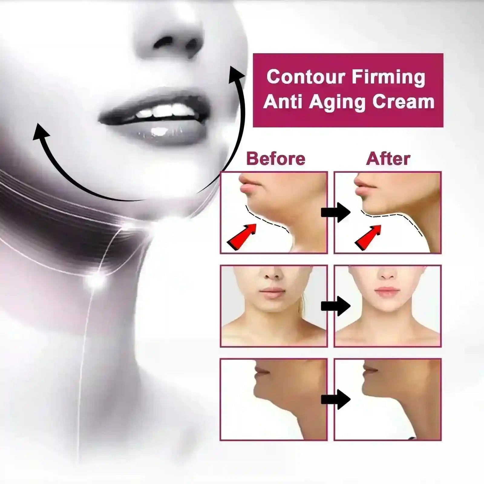 Before-and-after comparison showing facial contouring and jawline firming results from using anti-aging cream.