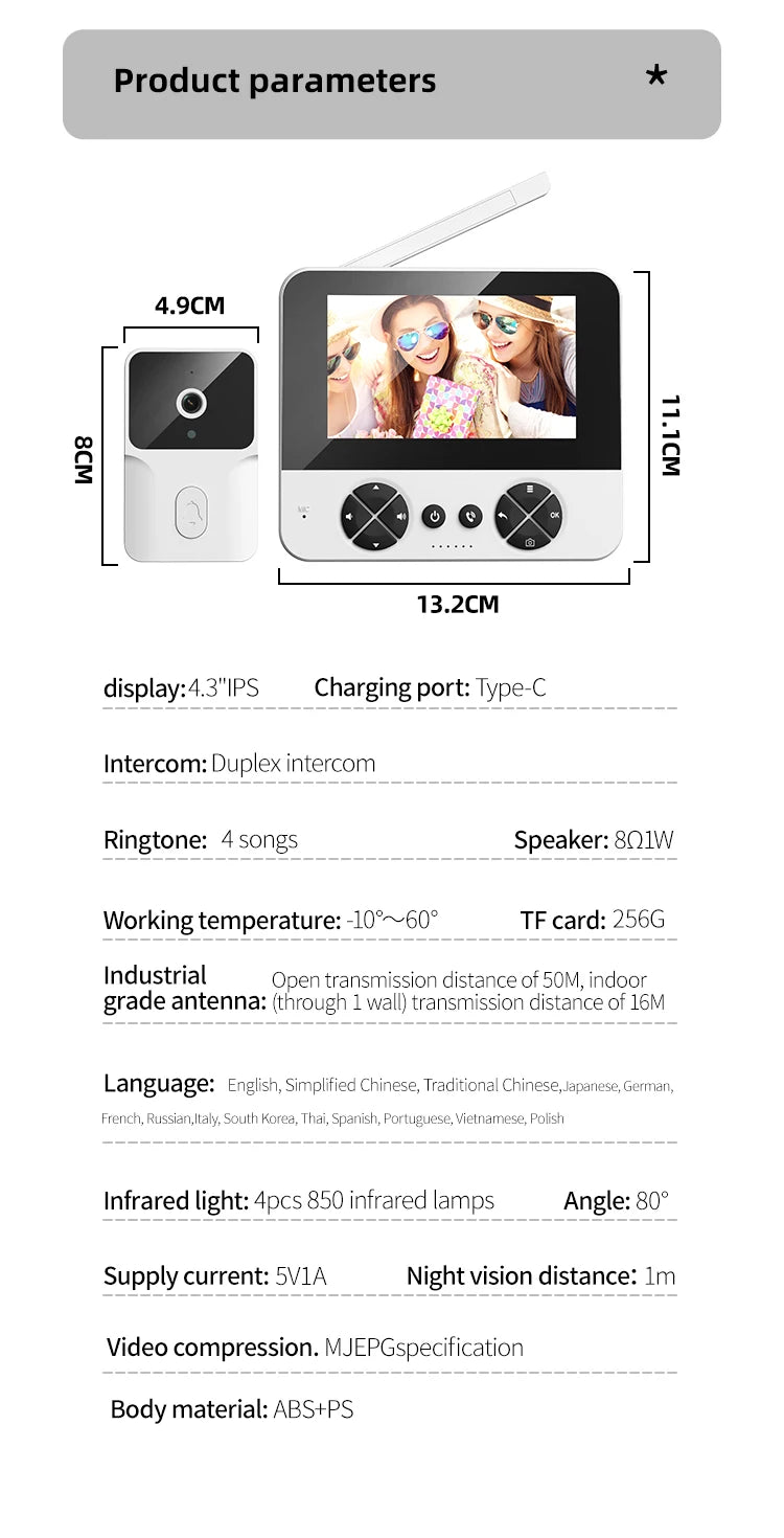 Wireless video doorbell, 4.3 "IPS display 720P high definition intelligent intercom, 2.4G wireless two-way call, night vision