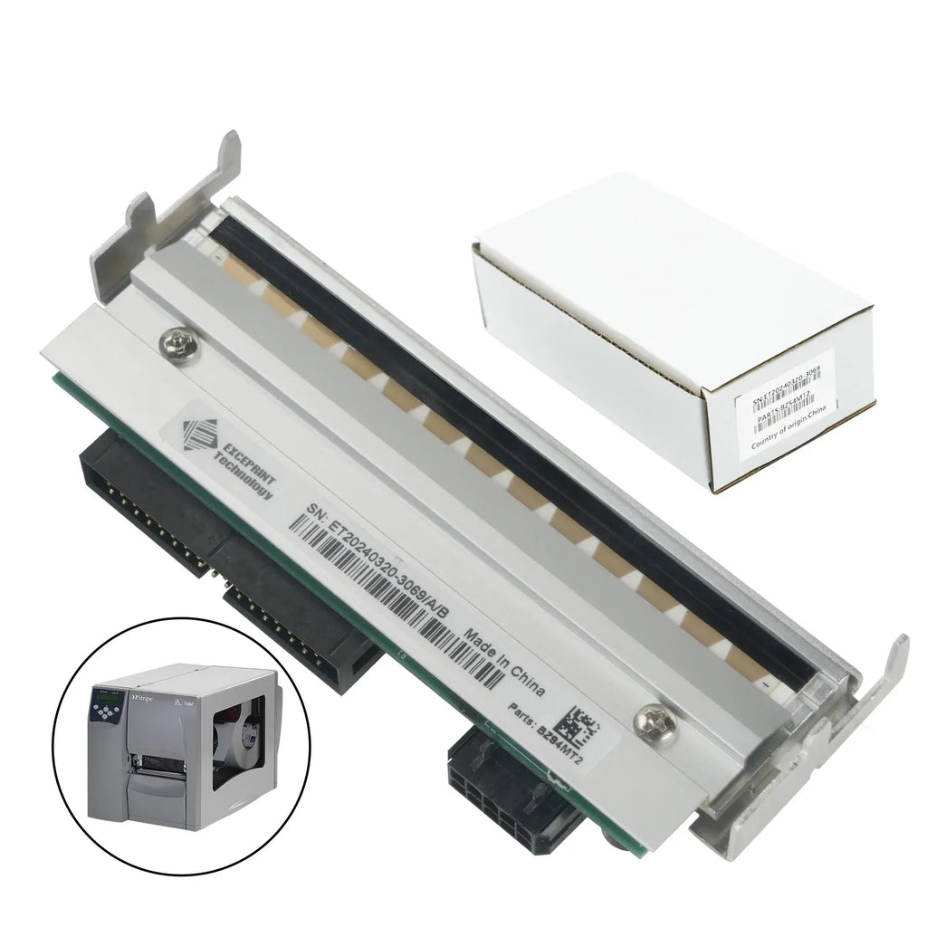 Thermal printhead with barcode label and ribbon window, shown with printer reference icon