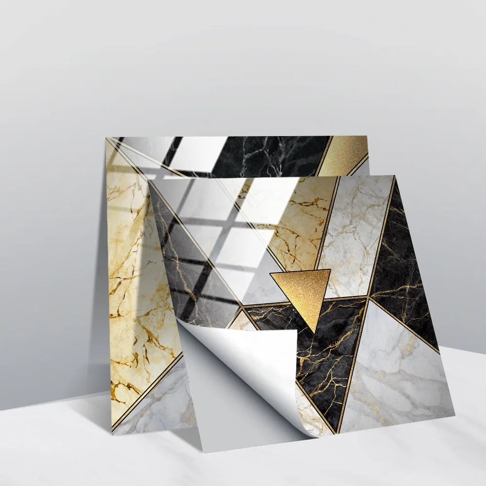 Peel-and-stick faux crystal tile wall stickers, marble white and gray with gold and black lines.