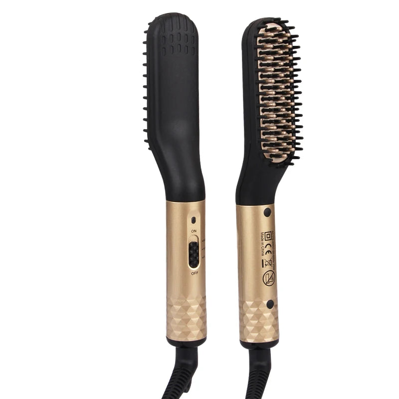 Portable gold and black men's beard straightener brush with fast-heating ceramic teeth and easy ON/OFF styling switch.