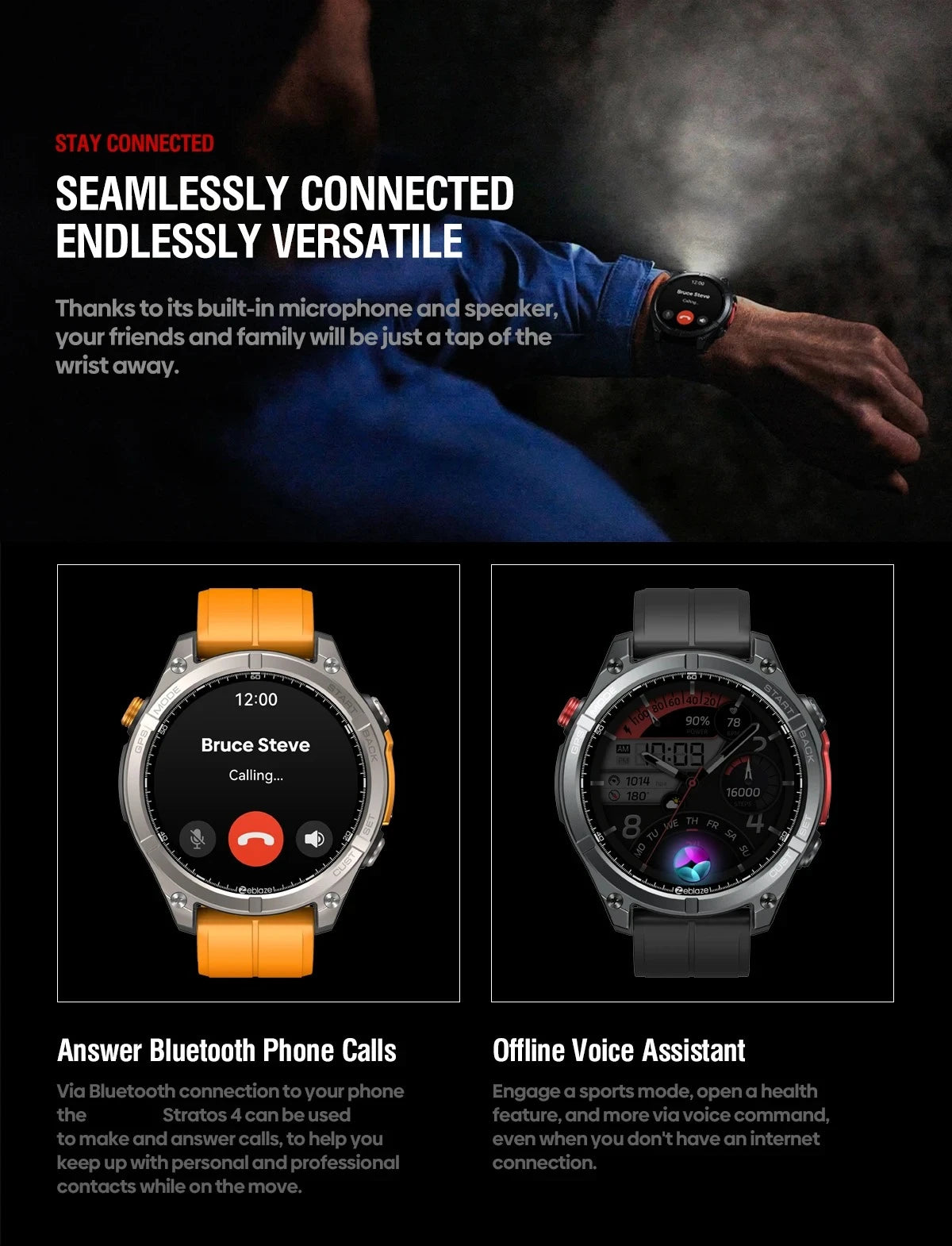 Stratos 4 GPS Smart Watch 1.43 AMOLED Display Built-in Compass Barometric Altimeter Flashlight Voice Call Smartwatch