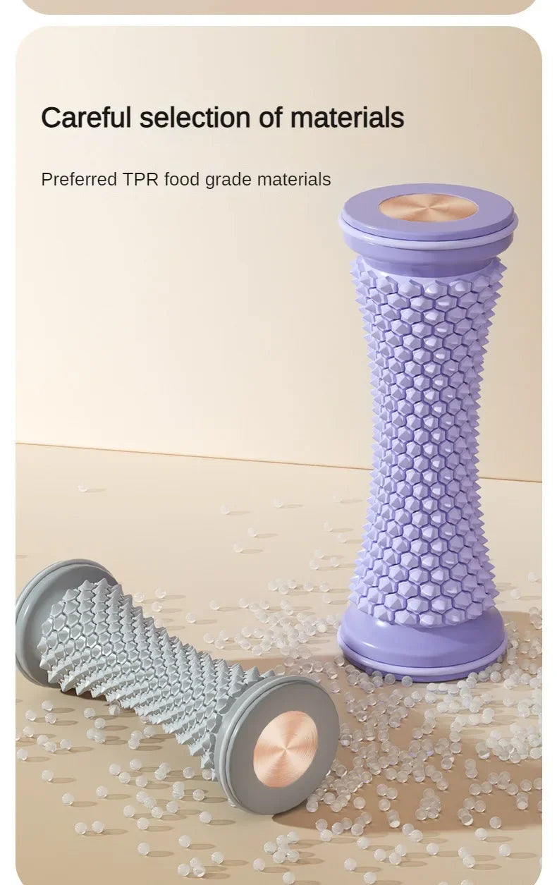 Purple and grey TPR foot massager rollers with textured spikes for plantar fasciitis relief and muscle relaxation.
