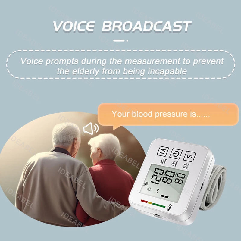 Wrist Blood Pressure Monitor LED English Voice Broadcast Tonometer BP Monitor Non Contact Infrared Medical Thermometer