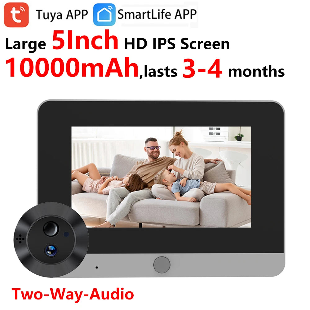 5Inch 10000mAh Two Way Audio 2MP Tuya SmartLife WiFi Digital Door Eye Peephole Viewer Infrared 940NM Night Vision PIR Camera