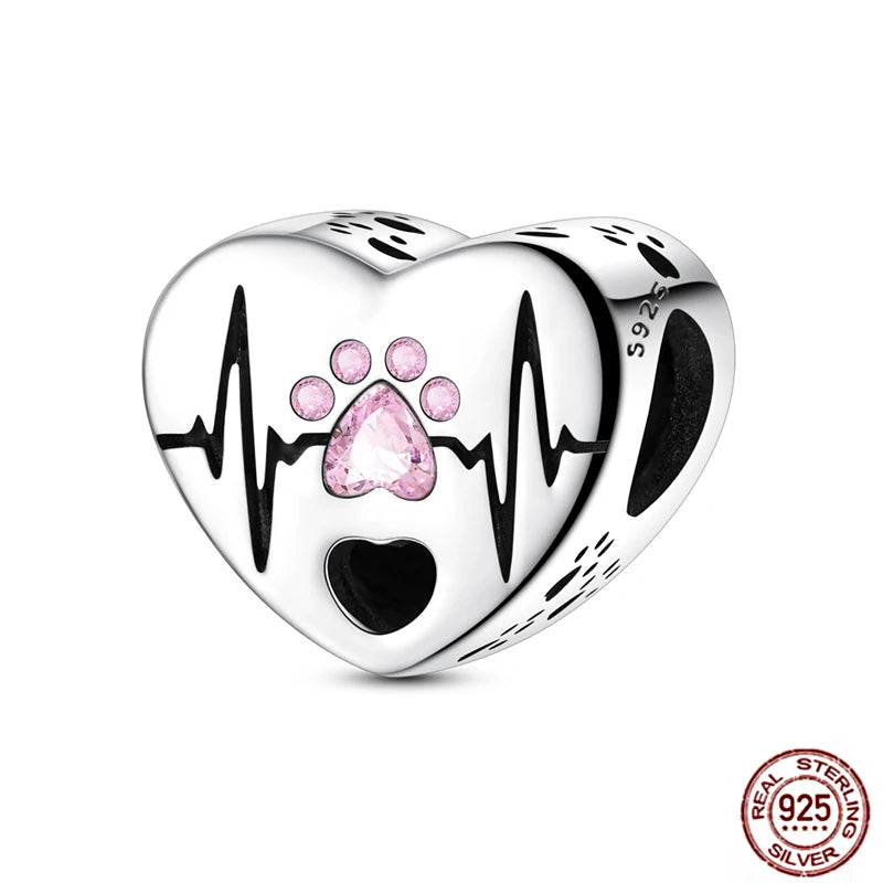 925 Sterling Silver heart charm with pink CZ paw print and heartbeat ECG for pet lover DIY bracelets.
