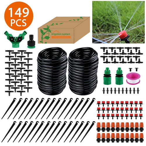 Garden micro drip irrigation hose set with coiled black tubing, green fittings, stakes, and drippers