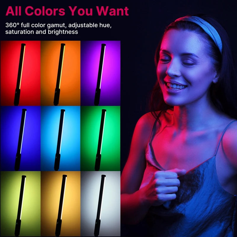 Handheld LED light wand with adjustable colors, shown illuminating a woman in creative portrait photography.