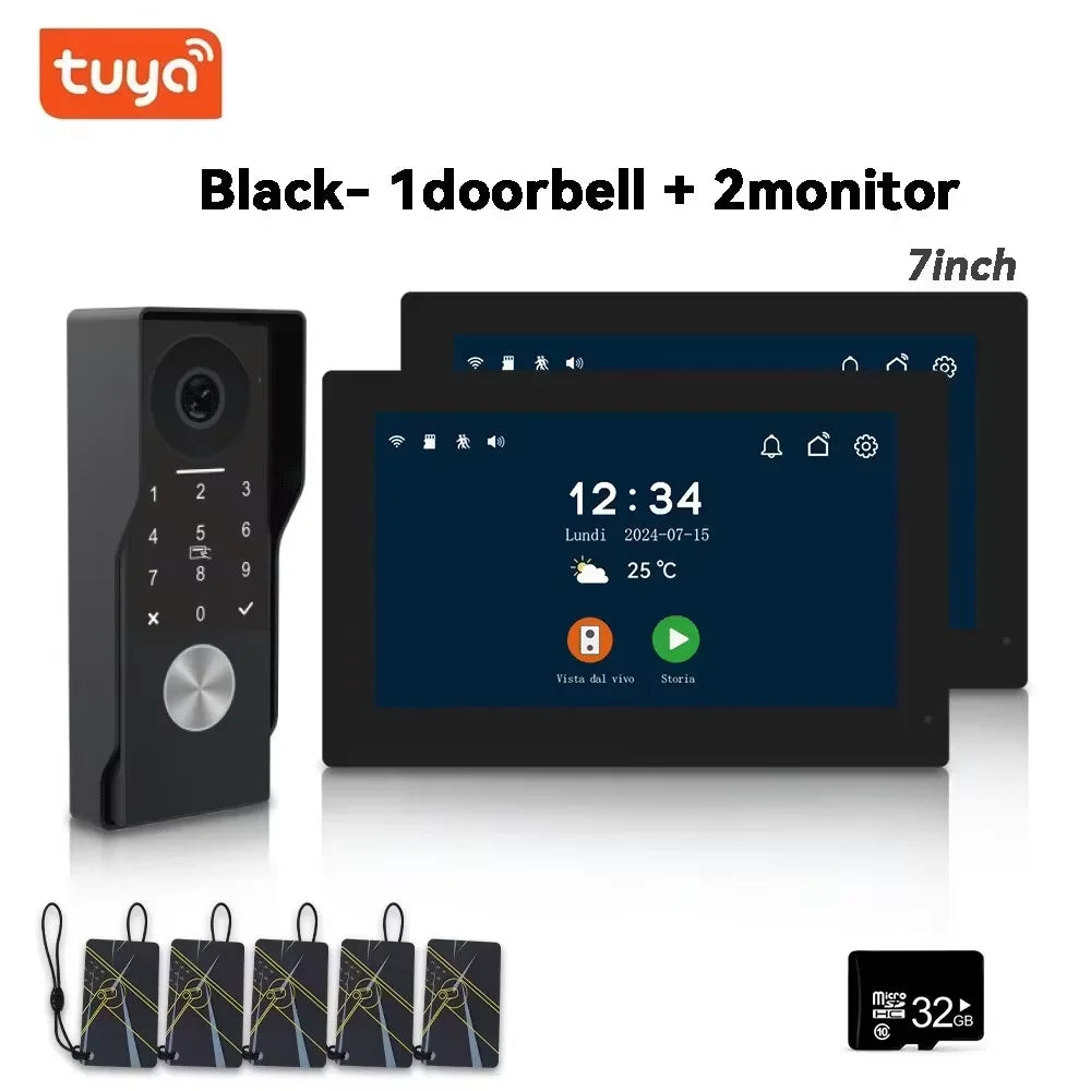 Black wired smart video doorbell with two 7-inch monitors, keypad doorbell and touchscreen screens
