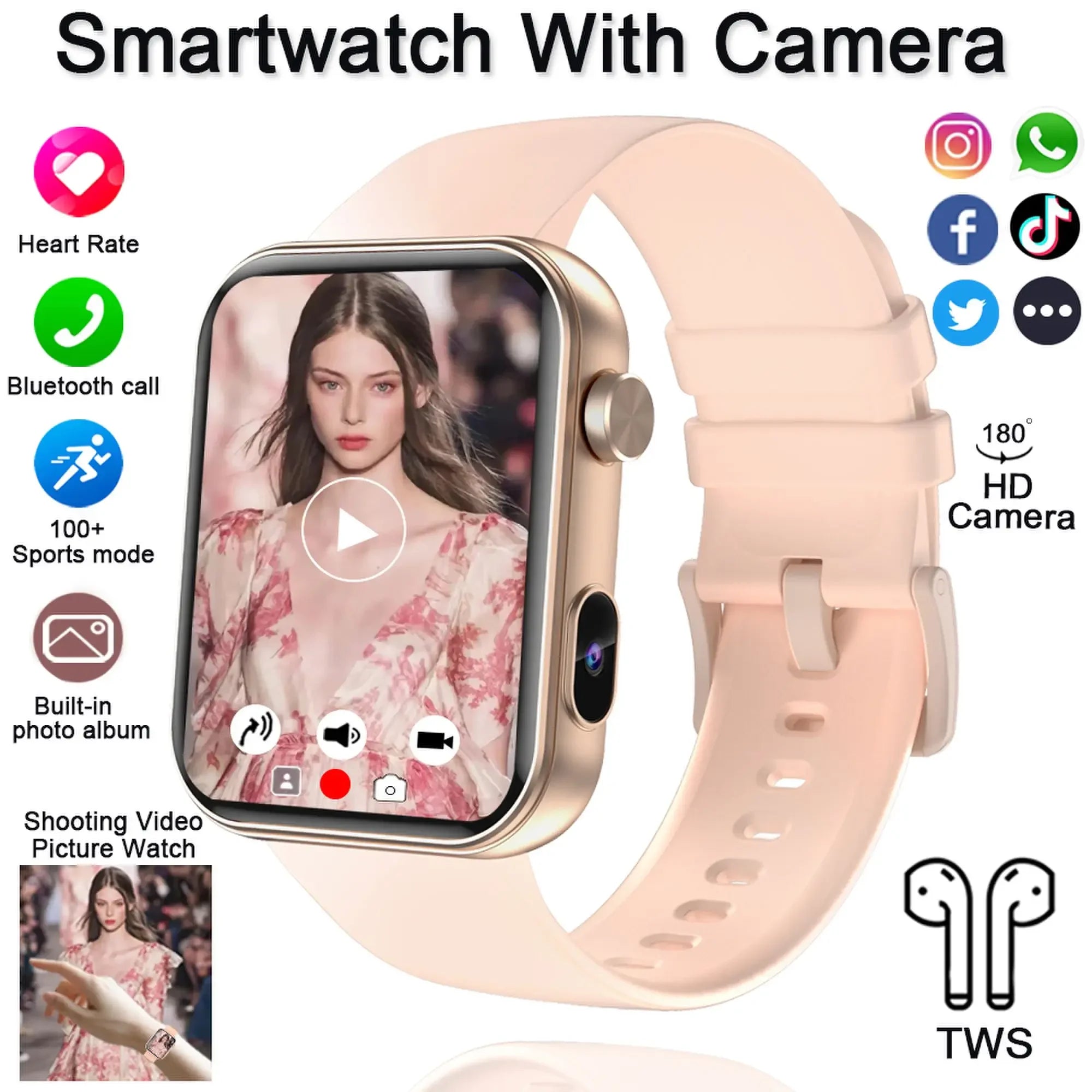 Light pink silicone smart watch with camera display and rounded case, includes earphones