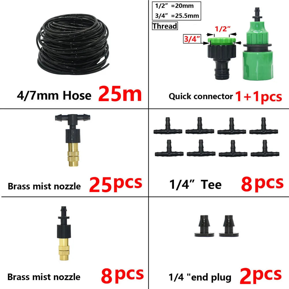 5M-30M Outdoor Misting Cooling System Garden Irrigation Watering 1/4'' Brass Atomizer Nozzles 4/7mm Hose for Patio Greenhouse