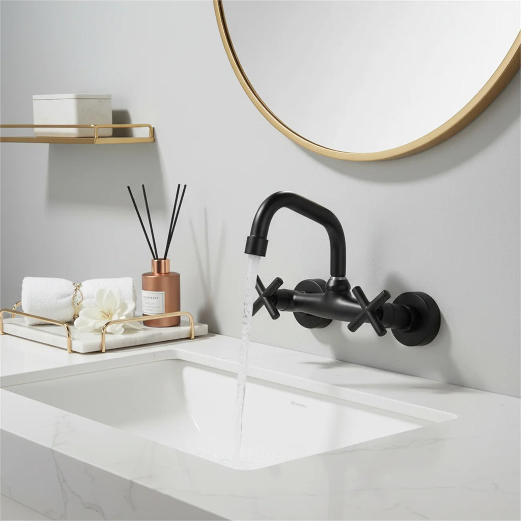 2-Handle Wall Mount 2-hole Bathroom Faucet Black, Copper & Ceramic 14.5-16.5cm Mounting Hole Distance 360° Rotatable