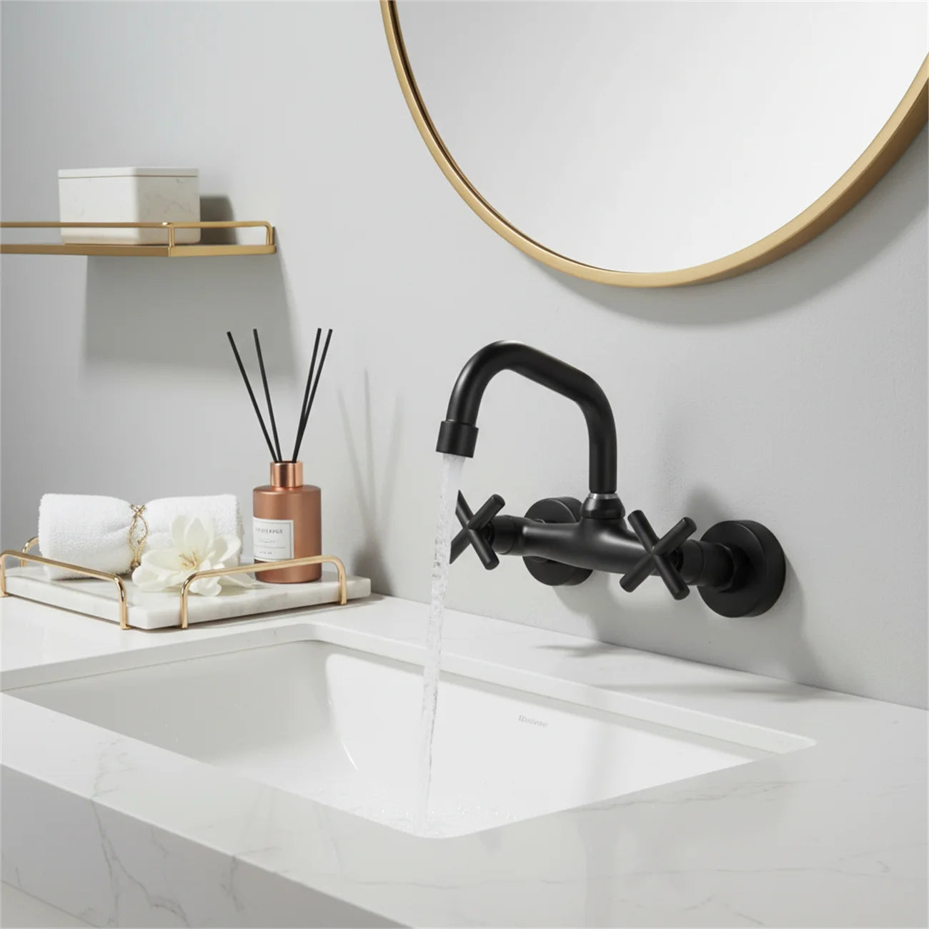2-Handle Wall Mount 2-hole Bathroom Faucet Black, Copper & Ceramic 14.5-16.5cm Mounting Hole Distance 360° Rotatable