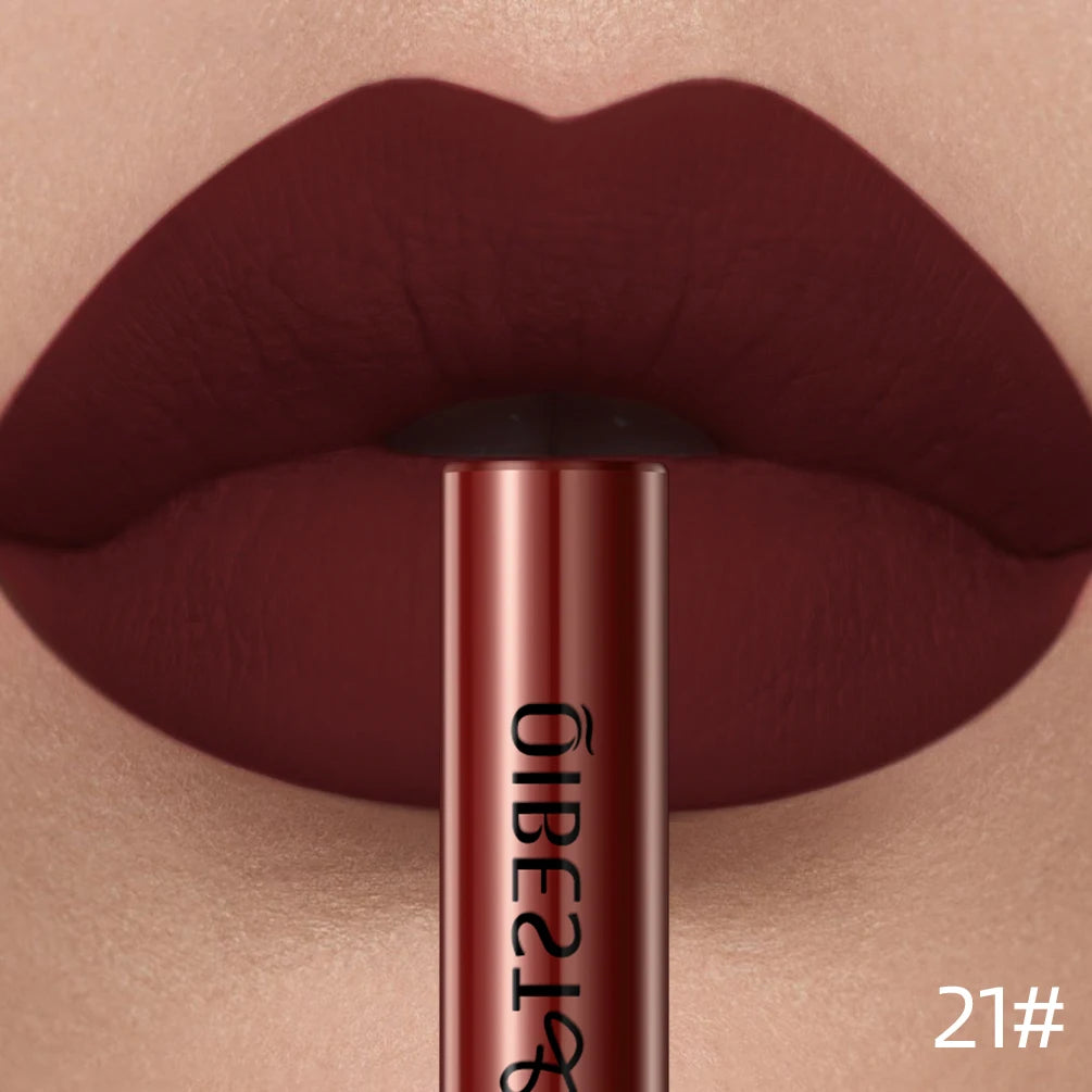 Matte liquid lipstick in deep red, long-lasting velvet texture, nonstick lip stain formula, 21# shade.