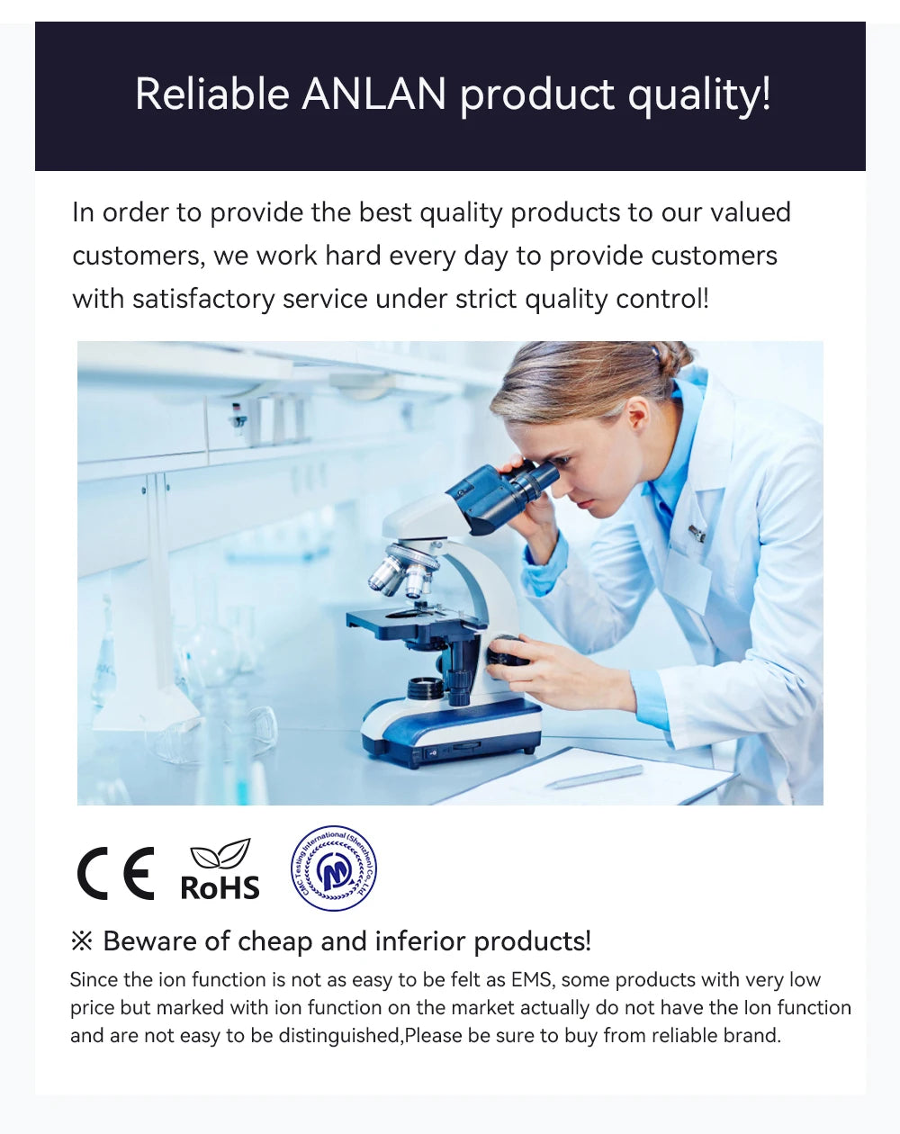 Scientist using microscope to ensure quality of ANLAN EMS facial massager for skincare and anti-aging rejuvenation.